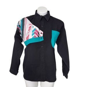 Vintage 80s Sassa Southwestern Button Down Shirt Black USA Made Tag Sz 19 Cotton